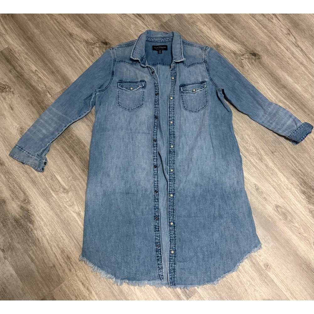 Lucky Brand Womens Light Wash Denim Frayed Hem Button Down Shirt Dress Large